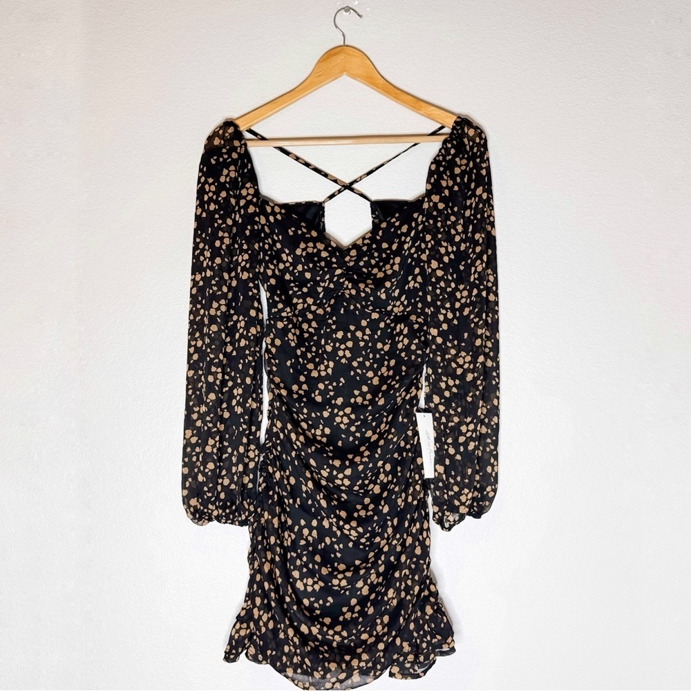 New All in Favor Black w/ Tan Polka Mini Ruched  Long Sleeve Dress in Small